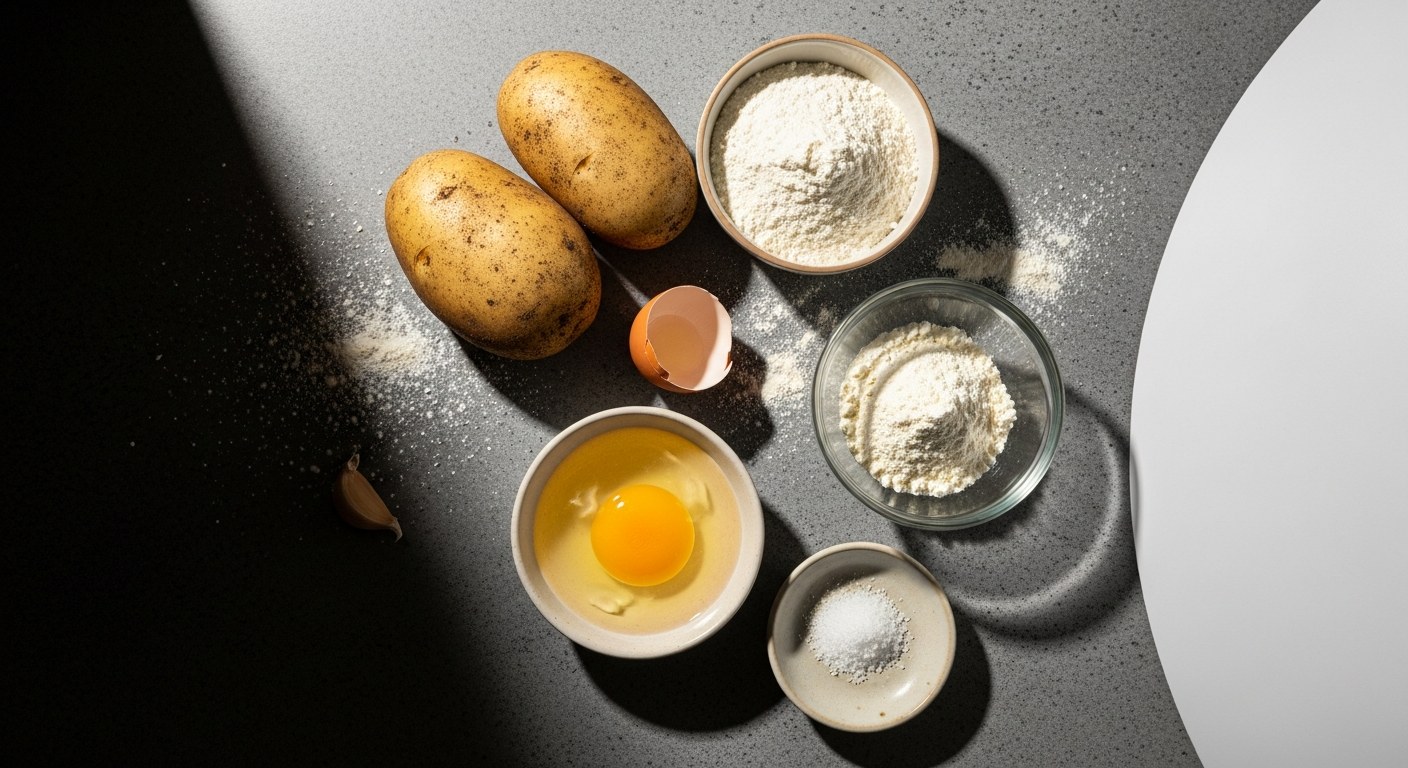 Suroviny na bezlepkové knedlíky: brambory, bezlepková mouka, vejce a sůl