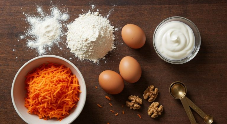 Nastrouhaná mrkev, bezlepková mouka, vejce a vlašské ořechy na dřevěné desce