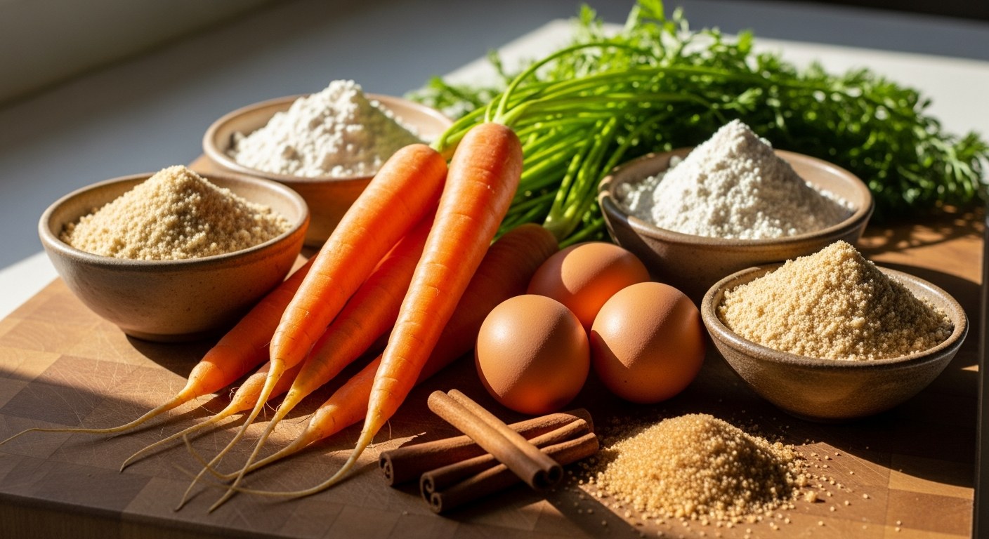 Čerstvé suroviny na mrkvový dort: mrkev, rýžová mouka, mandle, vejce a koření na dřevěném prkénku