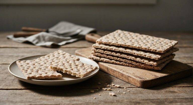 Švédský křupavý chléb knackebrot na dřevěném stole s rozlámaným kouskem