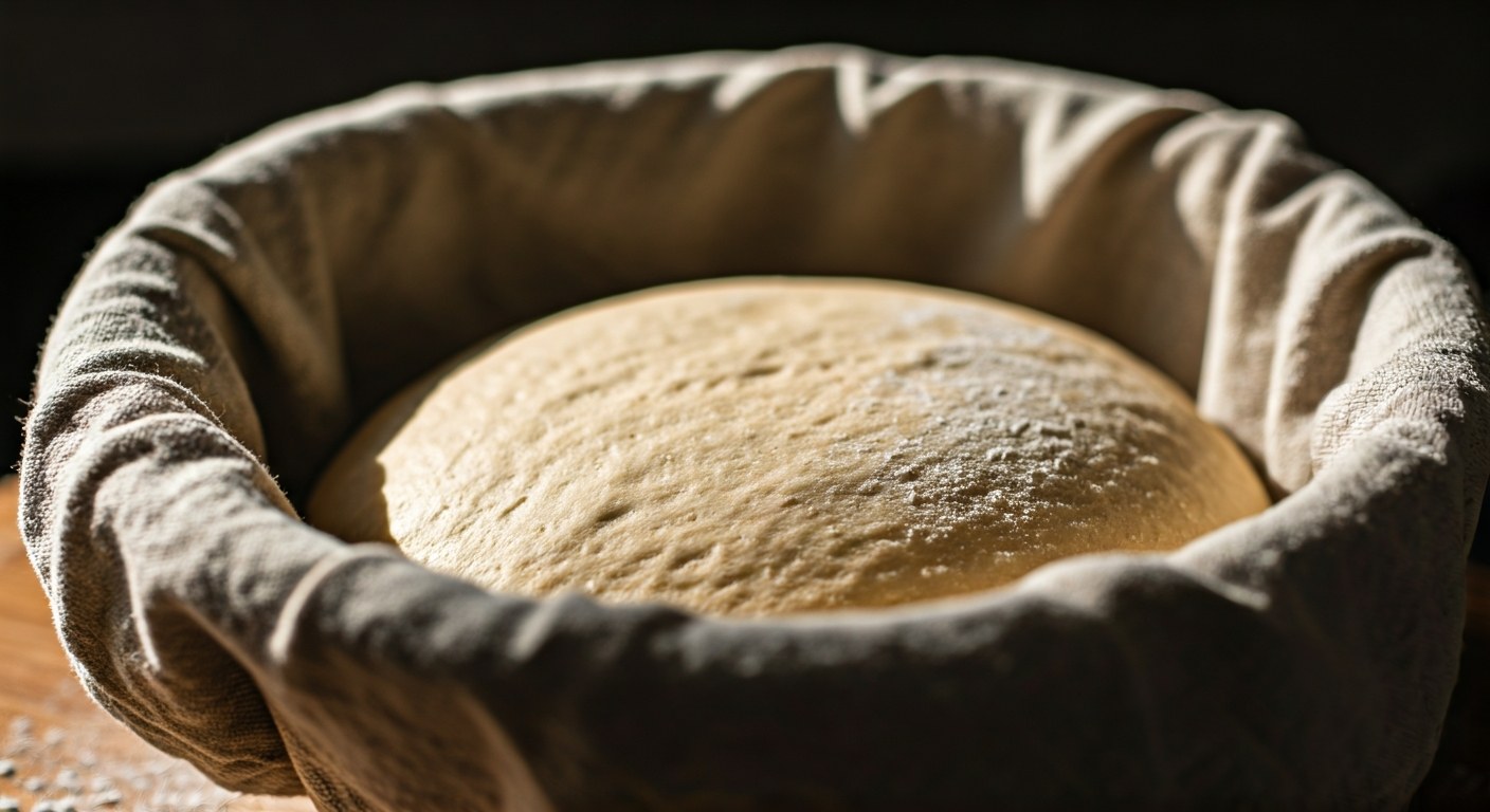 Bezlepkové těsto v ošatce během fermentace s viditelnými bublinkami