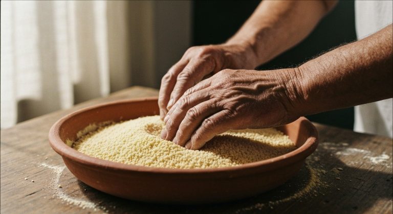 Ruce válející čerstvý kuskus v hliněné misce na dřevěném stole