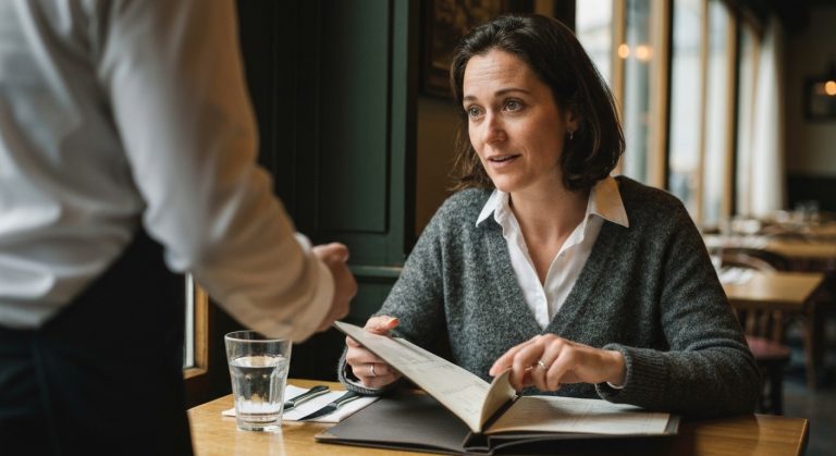 Cestovatel u stolu v restauraci s jídelním lístkem, komunikuje s číšníkem o bezlepkové dietě