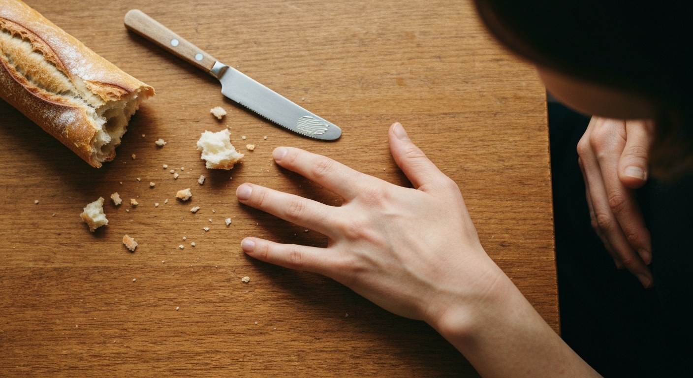 Žena s trávicími obtížemi po jídle s lepkem, na stole pečivo a drobečky