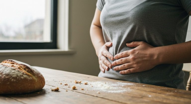 Žena drží ruce na břiše u stolu s čerstvým chlebem a moukou