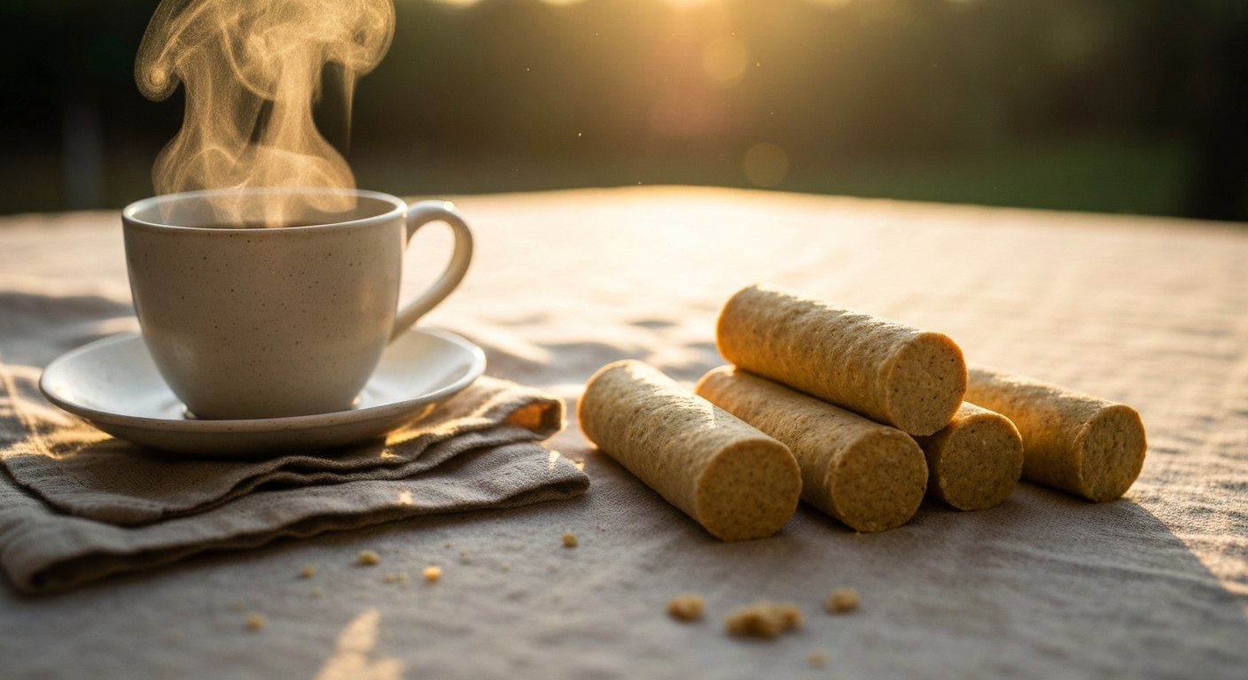 Bezlepkové trubičky na ubrousku s šálkem kávy při zlaté hodině
