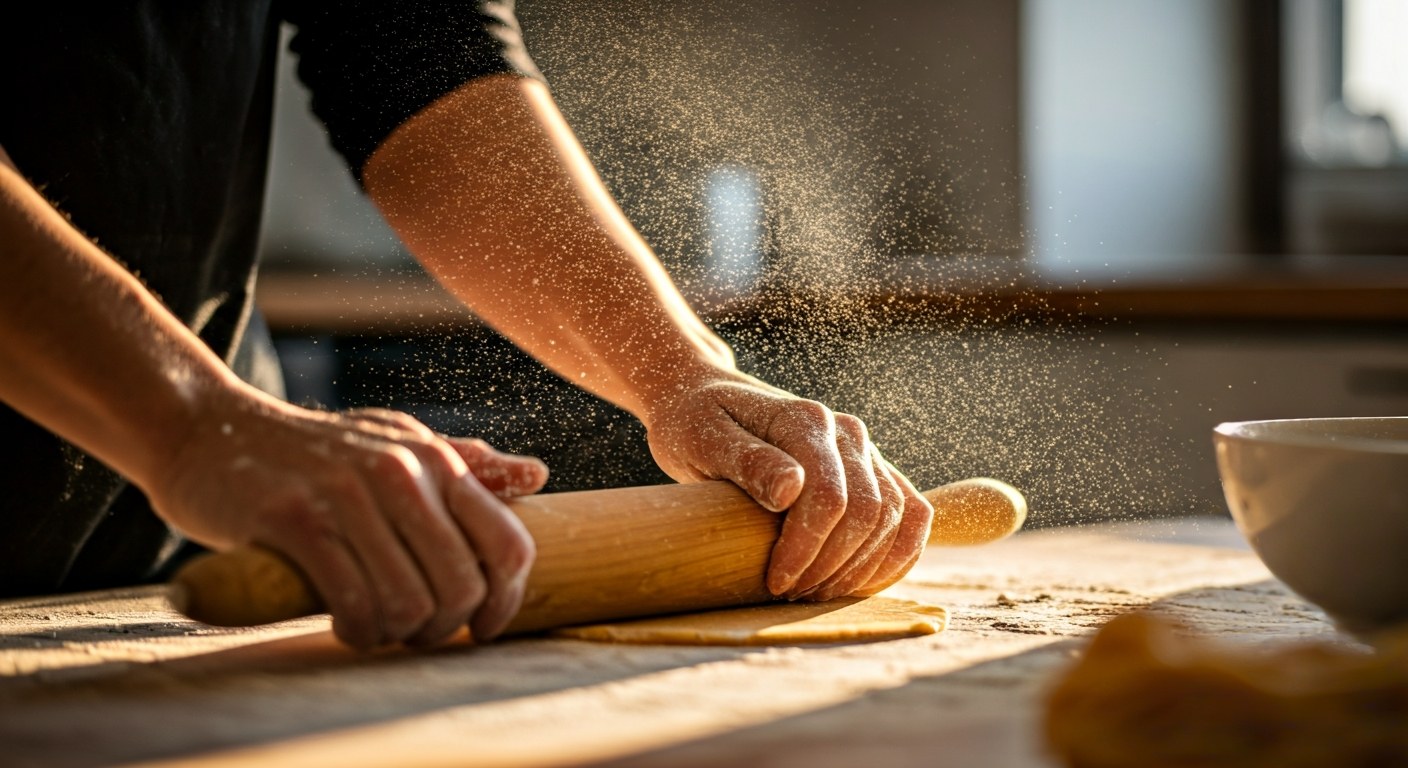 Ruce válející bezlepkové těsto na pomoučené pracovní desce válečkem
