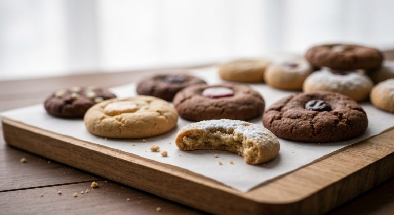 Různé druhy vánočního cukroví na dřevěném prkénku s pečicím papírem