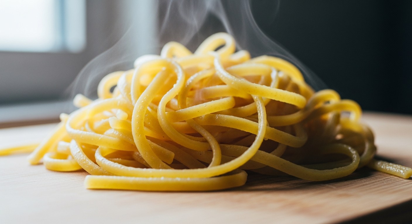 Vařené zlatavé bezlepkové těstoviny na dřevěném prkénku s párou