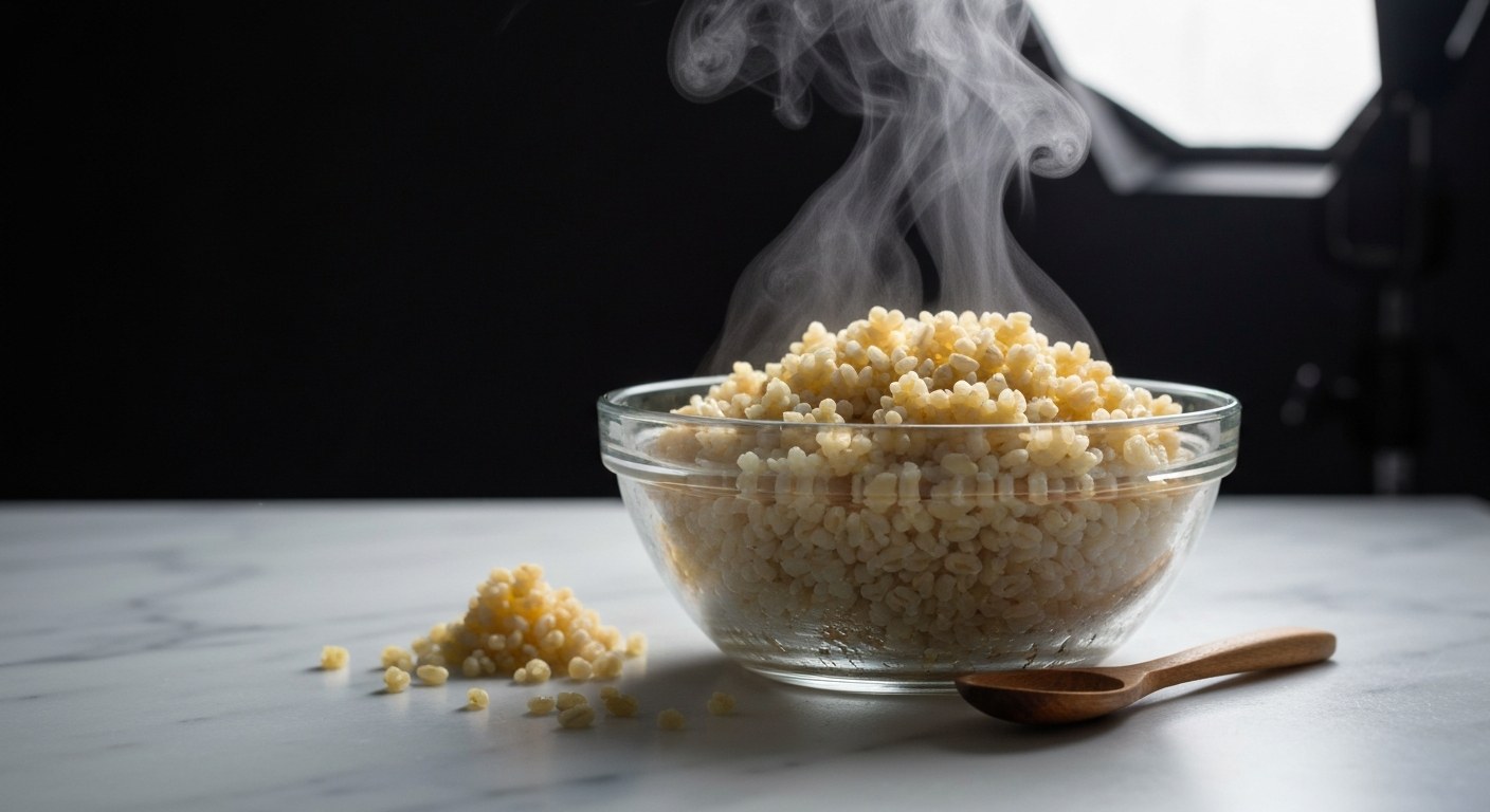 Vařený bulgur ve skleněné míse na mramorové lince s přirozenou párou a detailní texturou