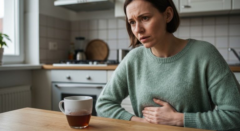 Žena u kuchyňského stolu s rukou na břiše, výraz starosti