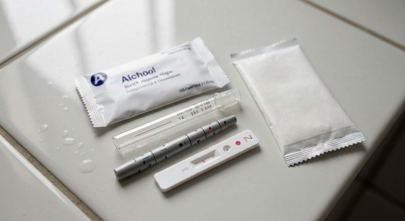 Obsah domácího testu na stolní desce – kapilára, lanceta, testovací kazeta