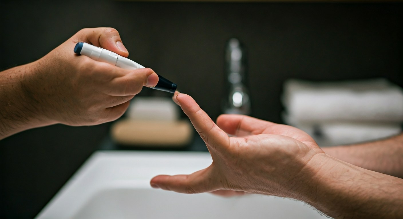 Ruce při odběru krve z prstu pomocí lancety pro domácí test