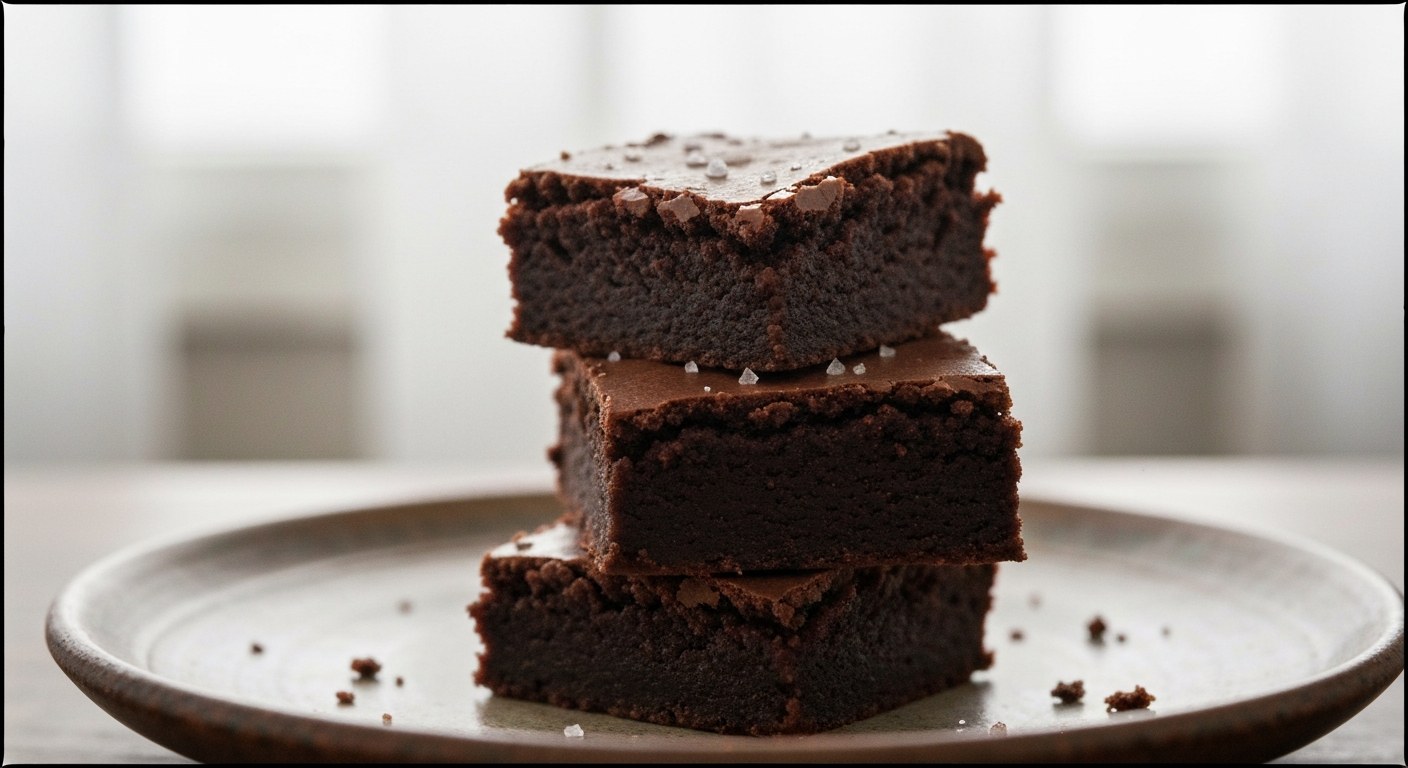 Tři vrstvy vláčných čokoládových brownies na keramickém talíři