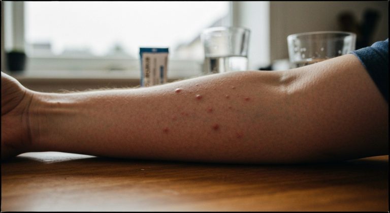 Detail předloktí s mírnou červenou vyrážkou na dřevěném stole