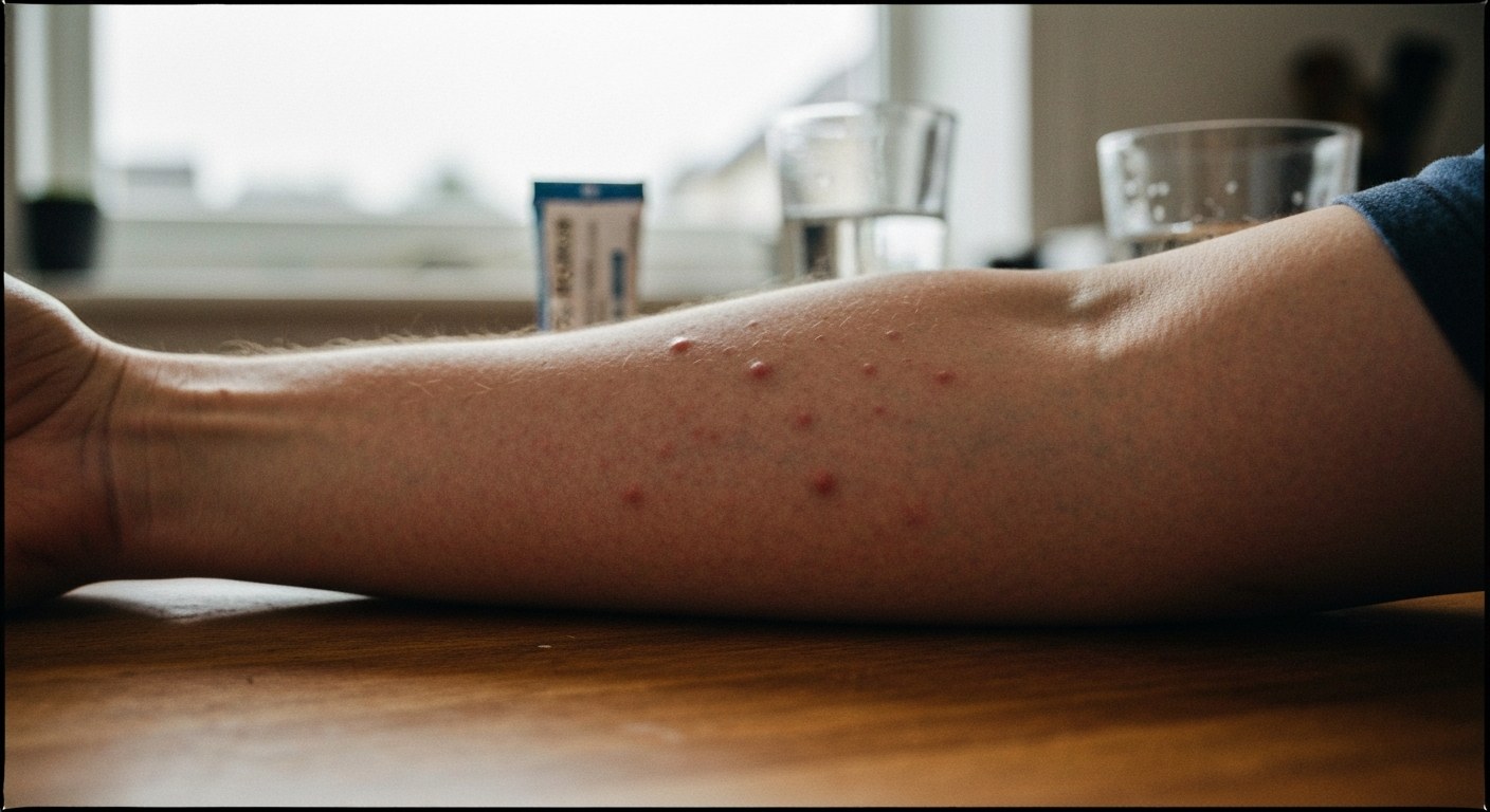 Detail předloktí s mírnou červenou vyrážkou na dřevěném stole