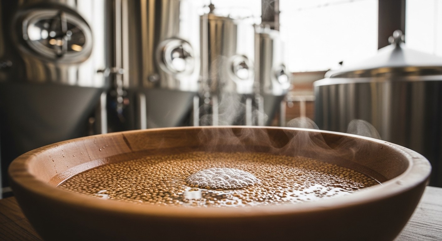 Namočená zrna čiroku a pohanky v dřevěné míse před pivovarskými nádržemi