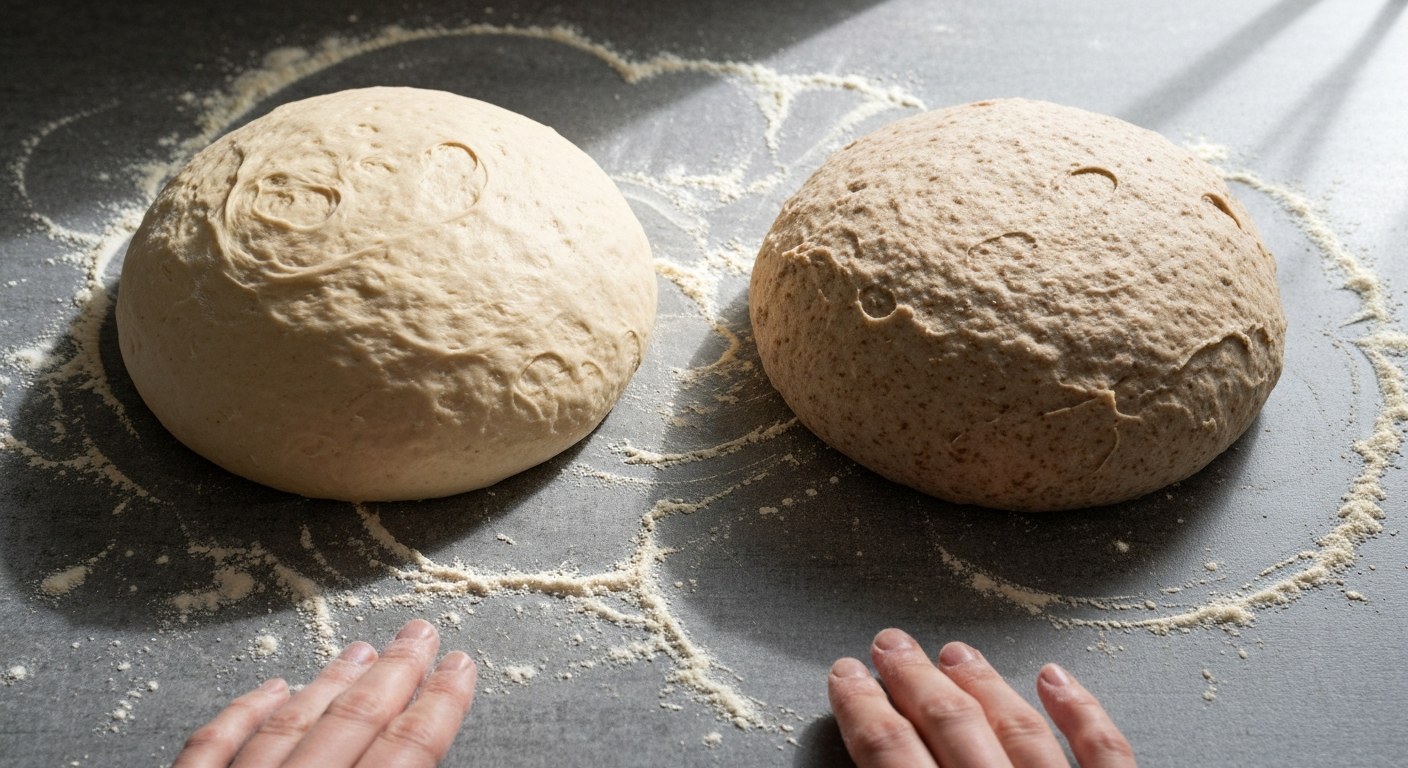 Dva druhy těsta vedle sebe na pomoučené kuchyňské desce