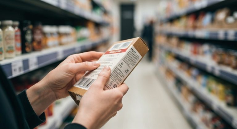 Ženské ruce drží potravinu a kontrolují složení na obalu v supermarketu