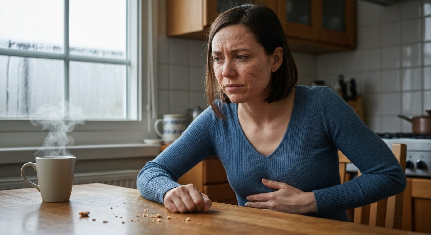 Žena s bolestmi břicha po jídle u kuchyňského stolu