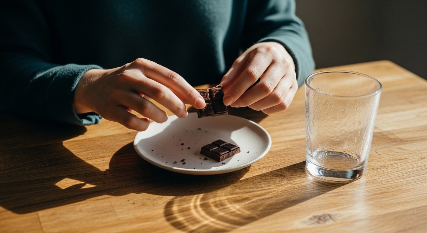 Ženské ruce drží čtvereček mléčné čokolády nad keramickým talířem v kuchyni