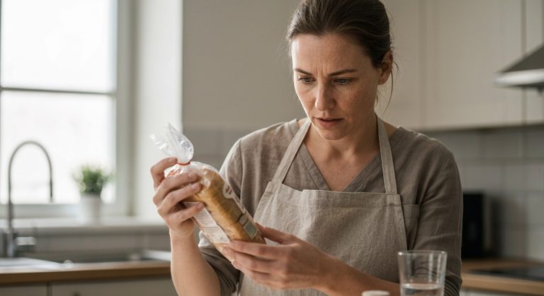 Žena v kuchyni zkoumá složení potraviny na obalu