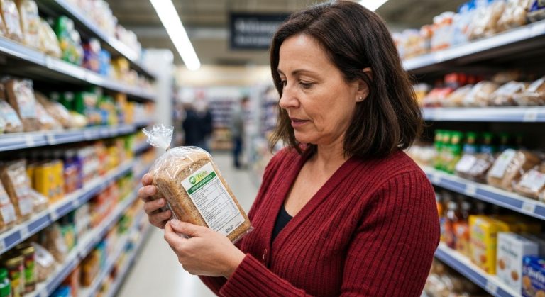 Žena ve středním věku zkoumá složení produktu v supermarketu při bezlepkovém nakupování