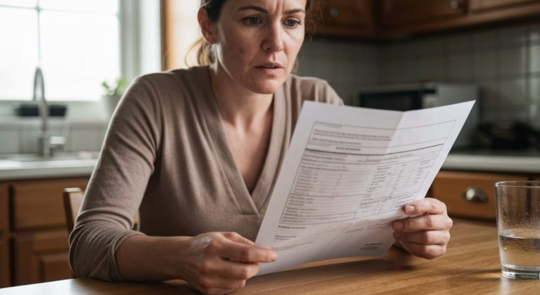 Žena u kuchyňského stolu zkoumá lékařskou zprávu s výsledky testů