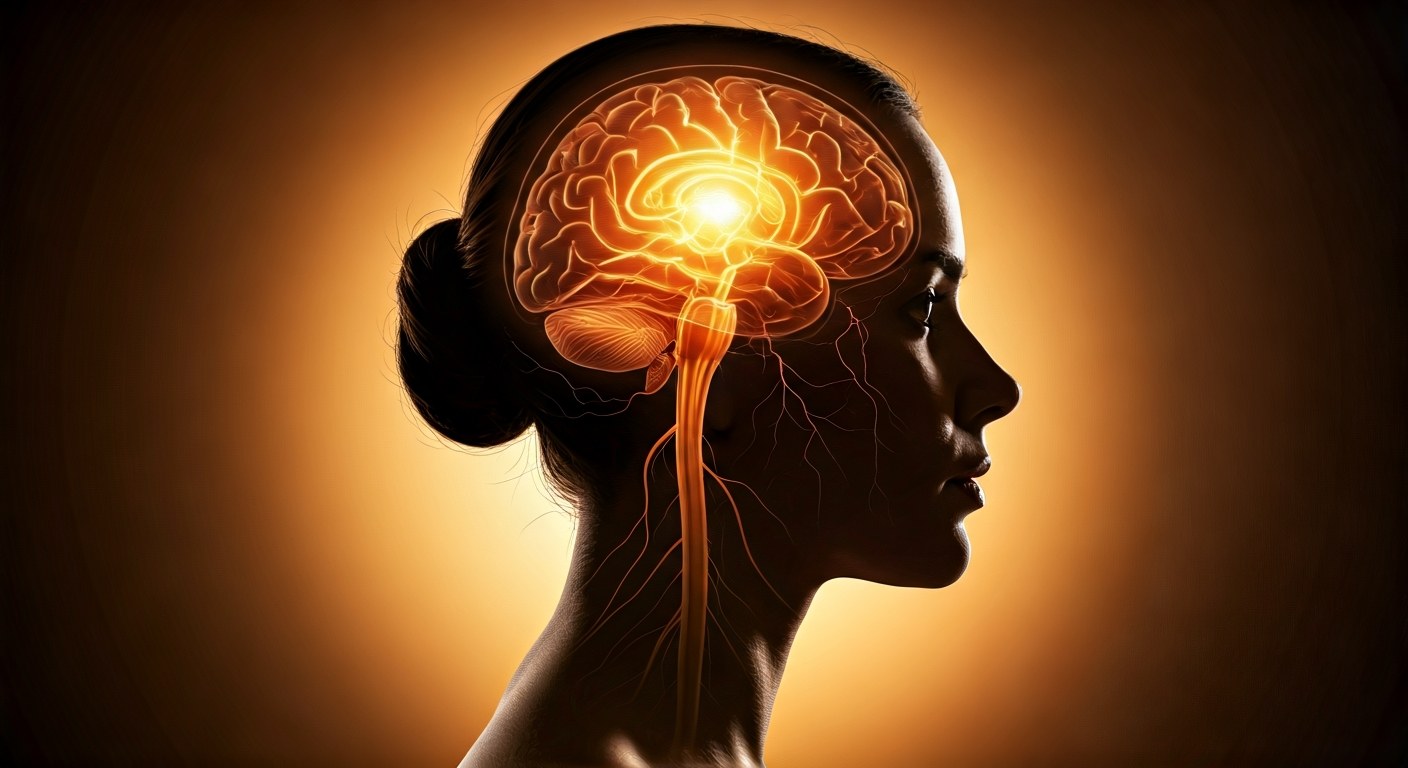 Silueta ženského profilu s jemně svítícími nervovými drahami v hlavě