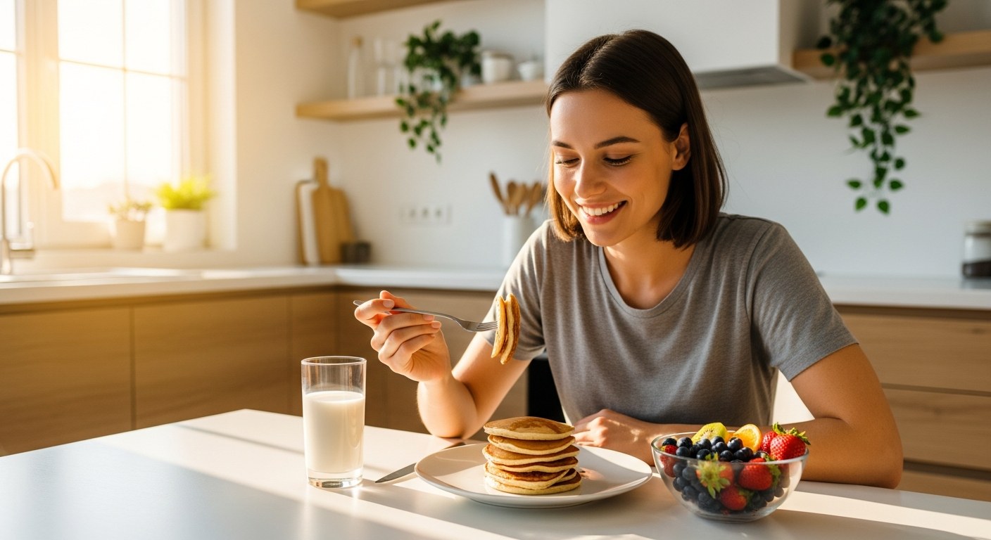 Mladá žena si užívá zdravou snídani s bezlepkovými palačinkami v prosluněné kuchyni