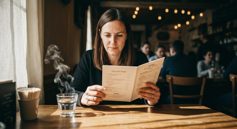 Žena studuje bezlepkové menu v pražské restauraci u okna