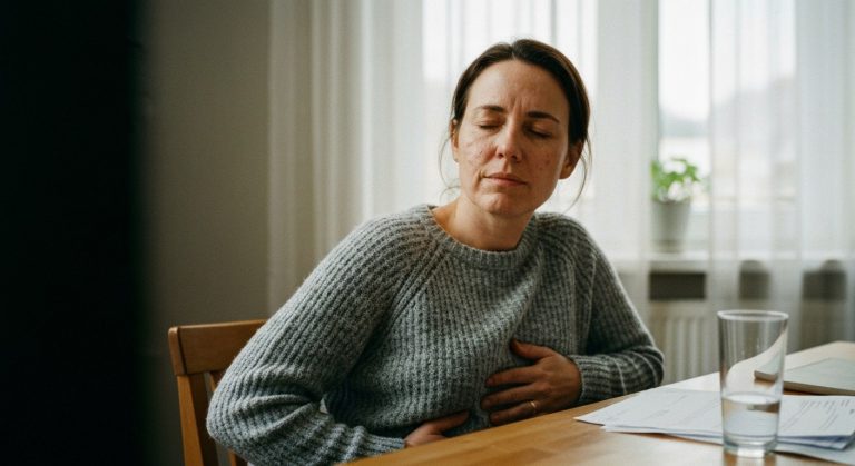 Žena u kuchyňského stolu drží se za břicho s výrazem únavy a nepohodlí