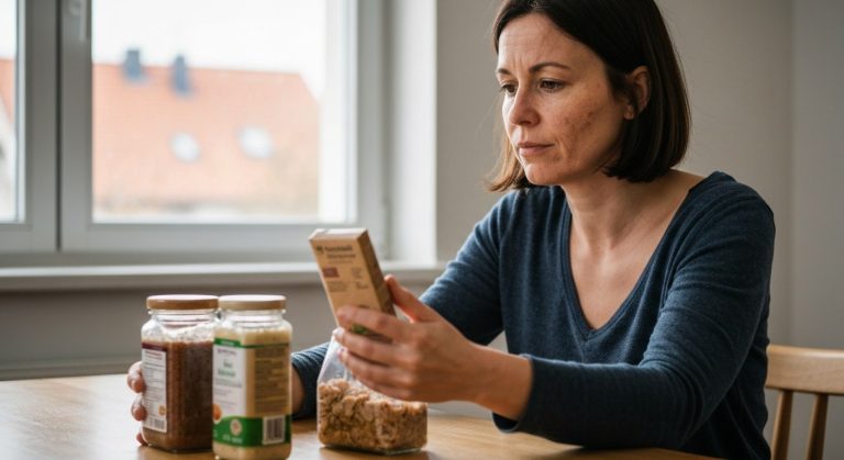 Žena u kuchyňského stolu zkoumá obaly potravin
