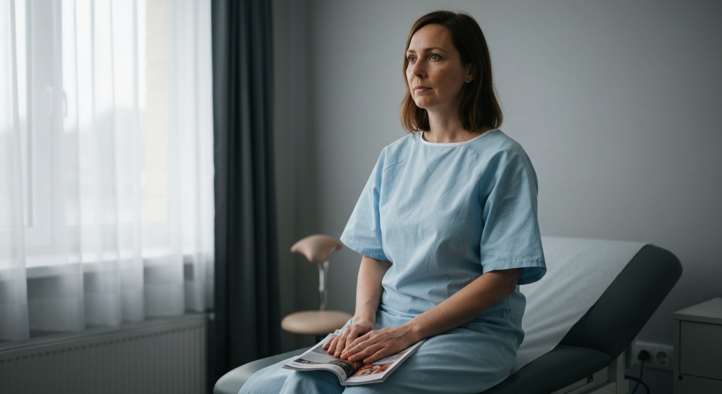 Žena ve světle modrém plášti sedí na gynekologickém vyšetřovacím stole v ordinaci