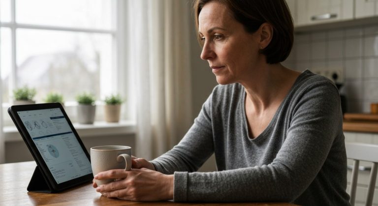 Žena ve středním věku u kuchyňského stolu s tabletem a hrnkem čaje