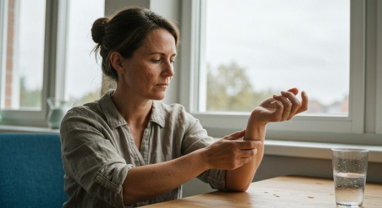 Žena u okna zkoumá pokožku na předloktí, přirozené denní světlo