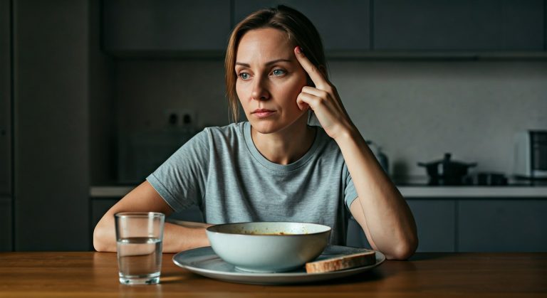 Žena u kuchyňského stolu s rukou na spánku, vypadá unaveně a zmateně po jídle