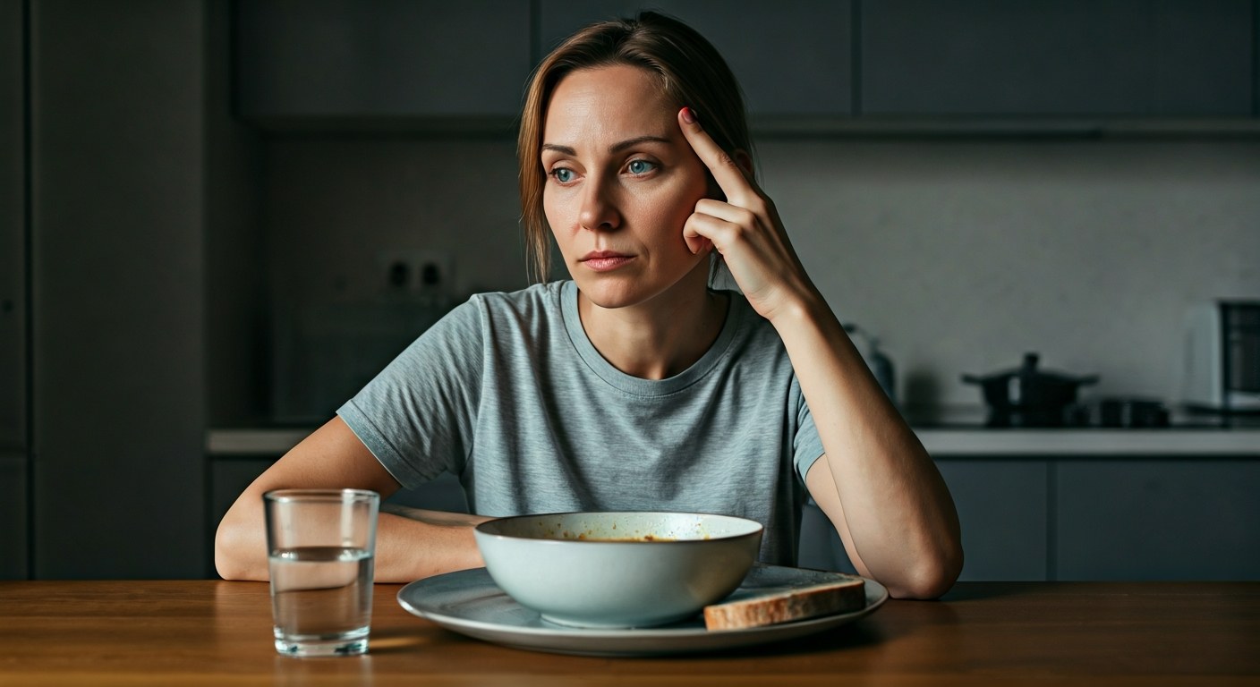 Žena u kuchyňského stolu s rukou na spánku, vypadá unaveně a zmateně po jídle