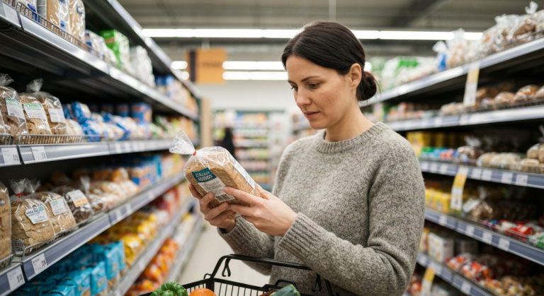 Žena ve supermarketu zkoumá obal bezlepkového chleba v regálu
