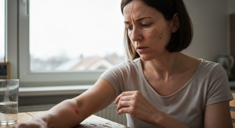 Žena ve třicítce si prohlíží zarudlou skvrnu na předloktí u kuchyňského stolu