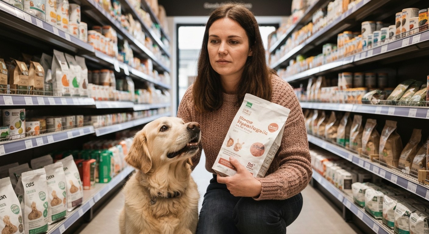 Žena vybírá hypoalergenní krmivo pro zlatého retrívra v pražské prodejně