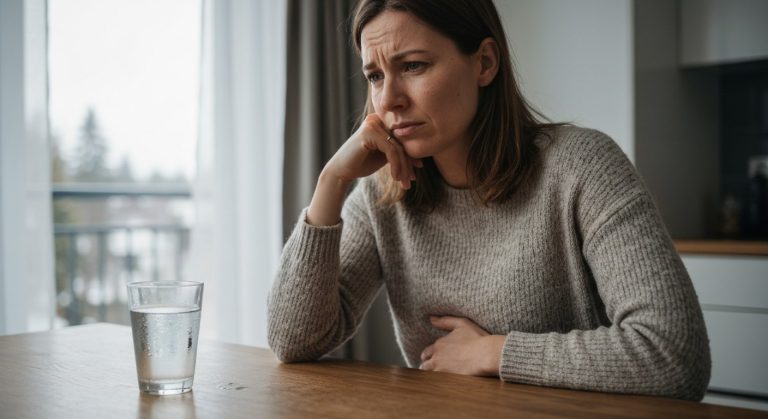 Žena v kuchyni s výrazem trávicího diskomfortu, ruka na břiše