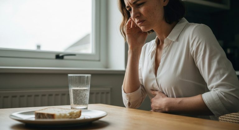 Žena u kuchyňského stolu s výrazem trávicího diskomfortu po jídle