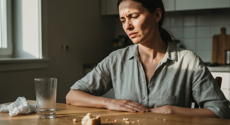 Žena u kuchyňského stolu s rukou na břiše, výraz únavy a diskomfortu