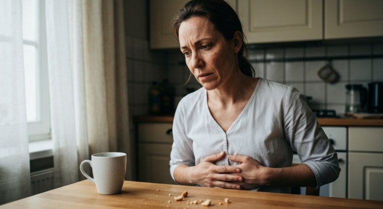 Žena ve věku kolem 35 let sedí u kuchyňského stolu s rukou na břiše, výraz mírného diskomfortu