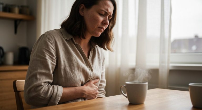 Žena u kuchyňského stolu s rukou na břiše, výraz nepohodlí