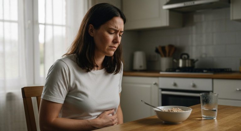 Gluten senzitivita: Kompletní průvodce 2026 – příznaky, diagnostika a bezlepková dieta 5 Žena u kuchyňského stolu s výrazem nepohodlí po jídle