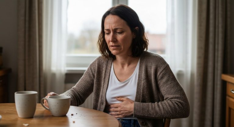 Žena u kuchyňského stolu s rukou na břiše, výraz trávicího diskomfortu