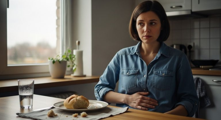 Žena u kuchyňského stolu s rukou na břiše po jídle