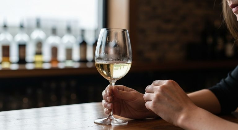 Ženské ruce drží sklenici bílého vína a zkoumají etiketu v baru